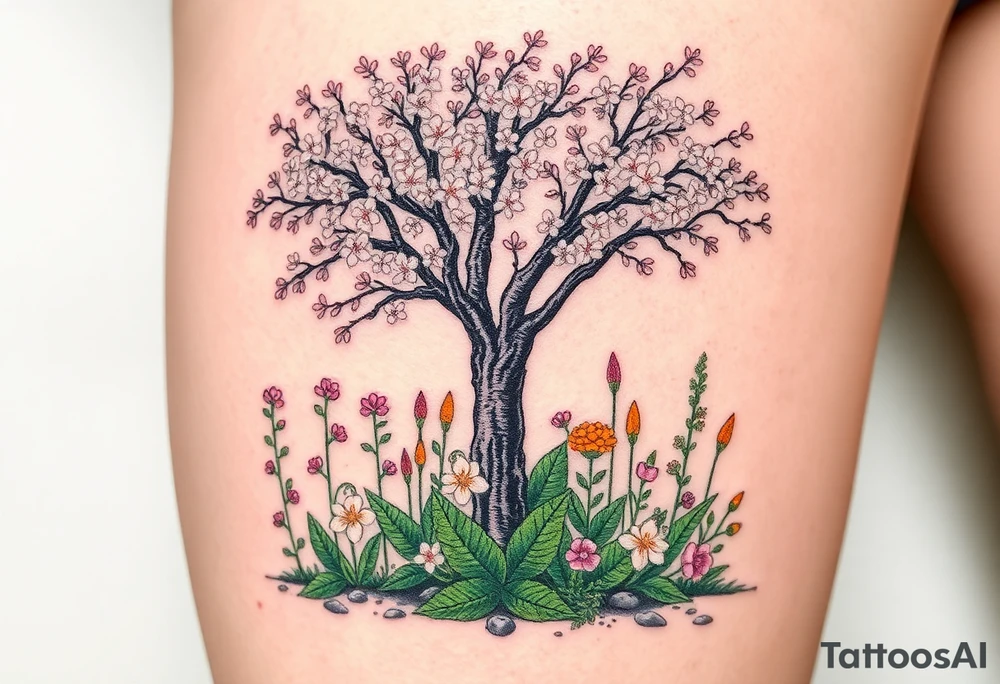 Lilly of the vally plants underneath a blooming hawthorn tree with other colorful plants on ground tattoo idea