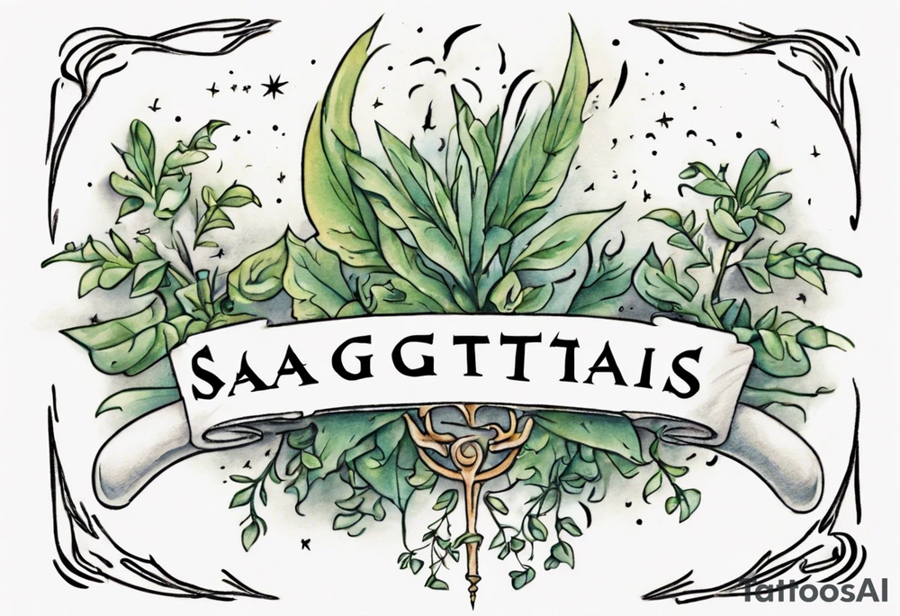 a forearm tattoo with little plants around the word sagittarius and underneath it the date 12.08.05 tattoo idea