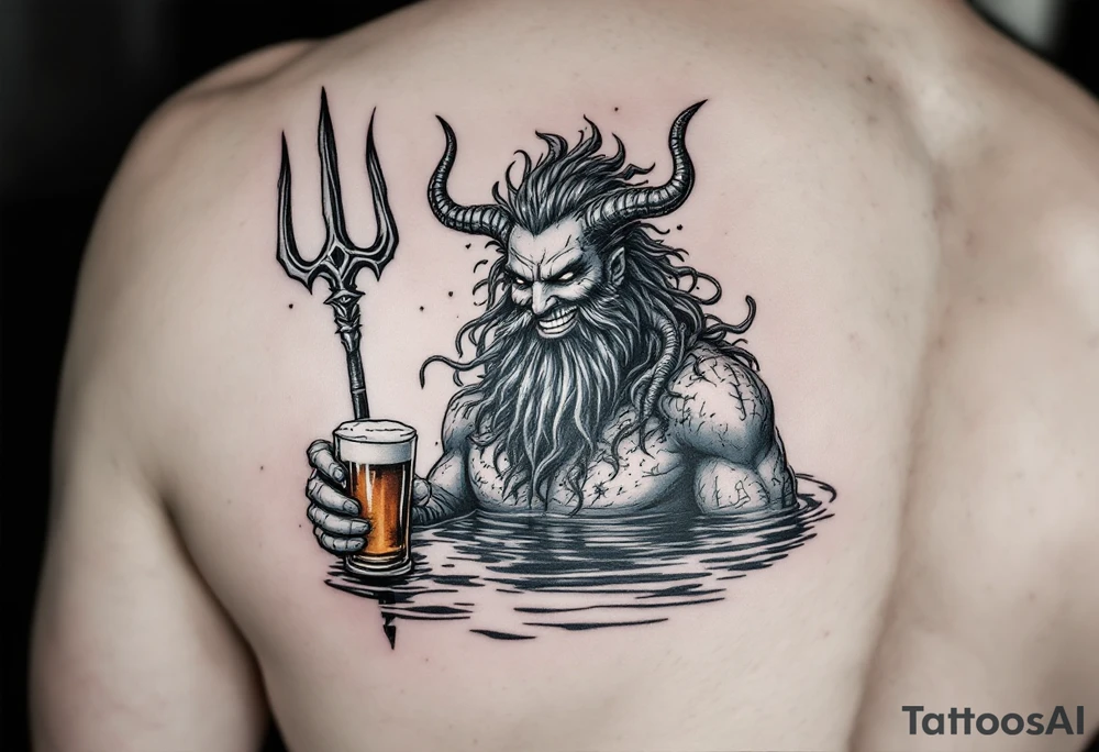 smiling poseidon, with a trident, in calm water, holding a beer tattoo idea