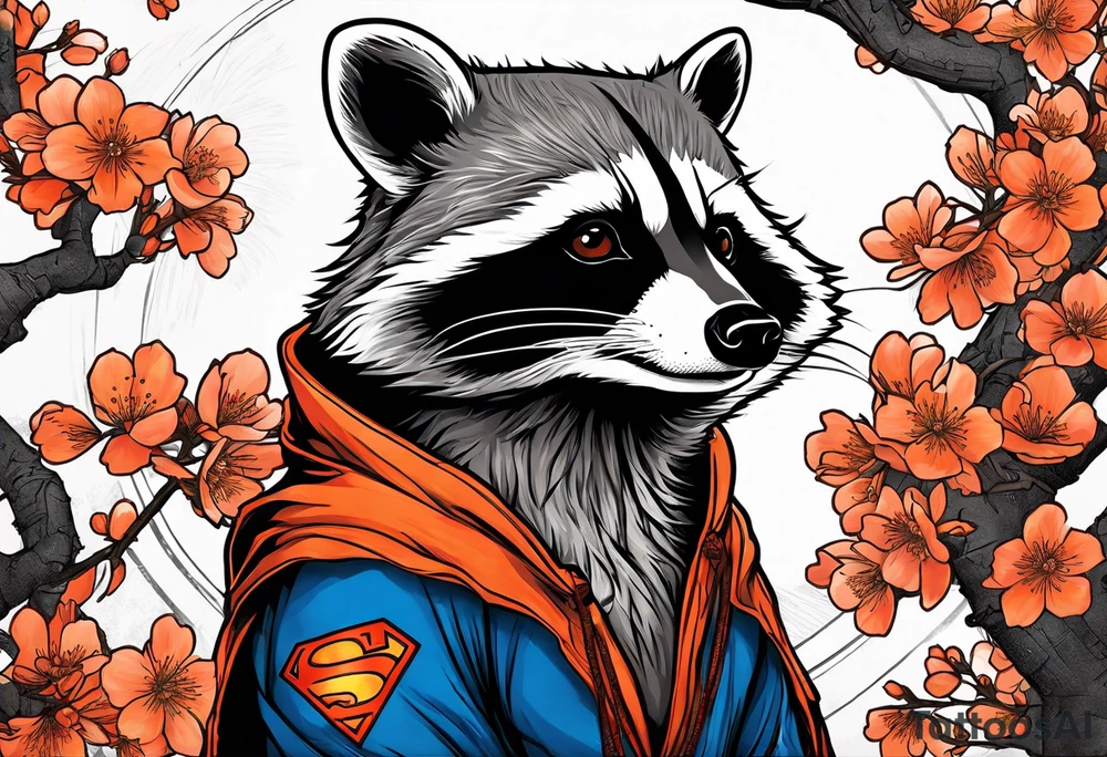 raccoon wearing a Superman hoodie with orange Japanese cherry blossoms tattoo idea