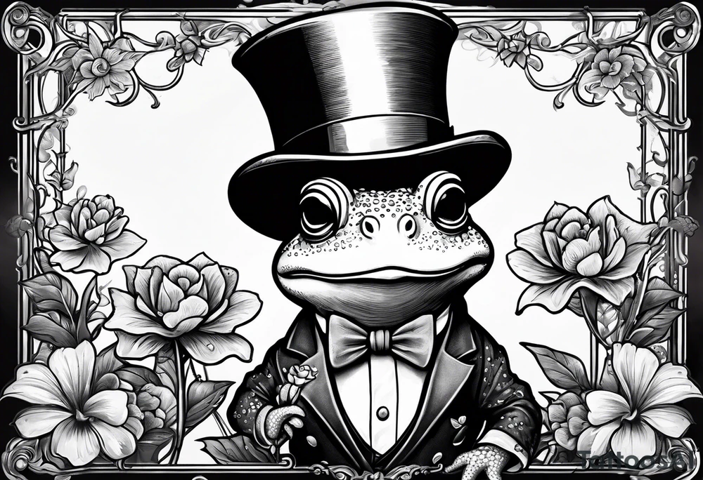 Cute toad standing on back legs in a top hat and a formal suit holding flowers to go on a date tattoo idea Cute toad standing on back legs in a top hat and a formal suit holding flowers to go on a date tattoo idea
