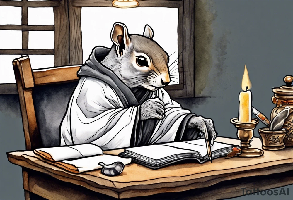an elderly grey squirrel dressed in a monk robe wearing an eye patch sitting at a desk in the dark writing by candlelight tattoo idea