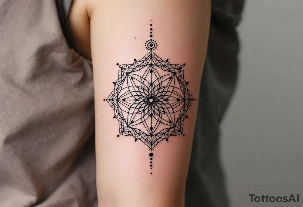 simple, minimalist tattoo, sacred geometry mandala, centerpiece design, dotwork patterns, radiating geometry, symmetrical mandala, geometric shapes, intricate dotwork, sacred patterns, mandala center, geometric radiating, fine line work, black grey shading, minimalist design, no outlines, arm placement, delicate linework, precise geometry, clean symmetry, sacred symbols, geometric precision, dotwork details, mandala focal point, refined patterns, understated complexity, geometric harmony, minimalist tattoo idea
