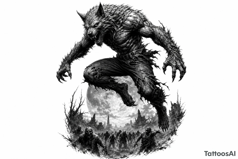 Dynamic silhouette of a werewolf jumping, with a distant zombie horde below. tattoo idea