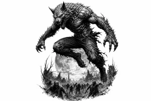 Dynamic silhouette of a werewolf jumping, with a distant zombie horde below. tattoo idea