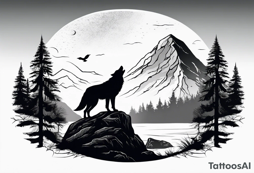 A wolf howling at the full monn on top of a rock surrounded by trees tattoo idea