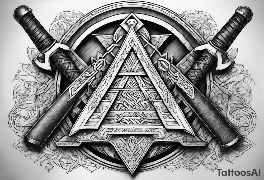 Valhalla sword shield  axe Valknut stairs tattoo idea