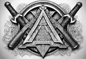 Valhalla sword shield  axe Valknut stairs tattoo idea