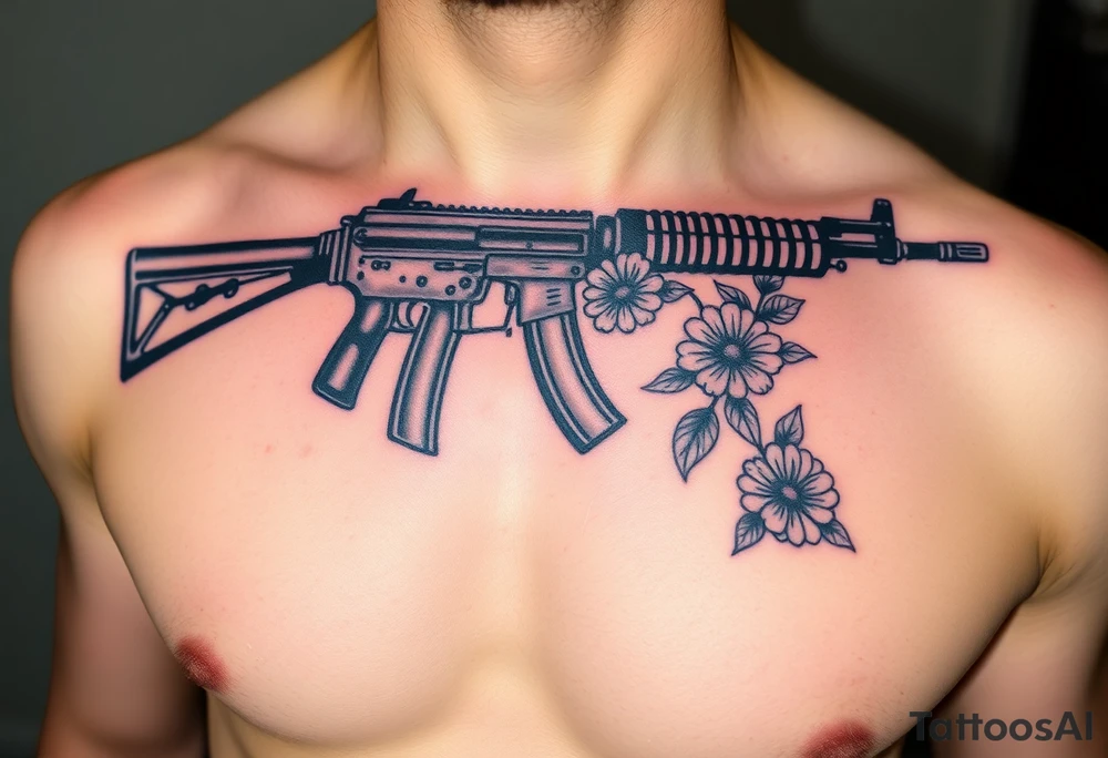 ak 47 black silhouette with floreal details tattoo idea