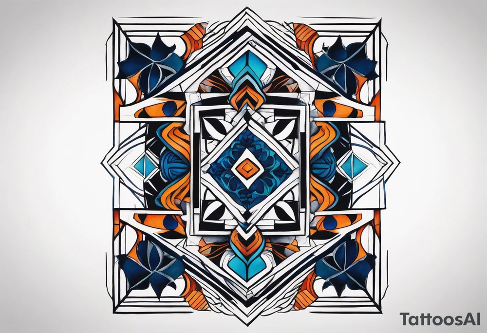 semi Detailed neo traditional knee tattoo flat on paper. The tattoo features geometric patterns and bold lines, creating a visually striking design with slight tints of deep fall colors. The background features deep blues and water swirls tattoo idea