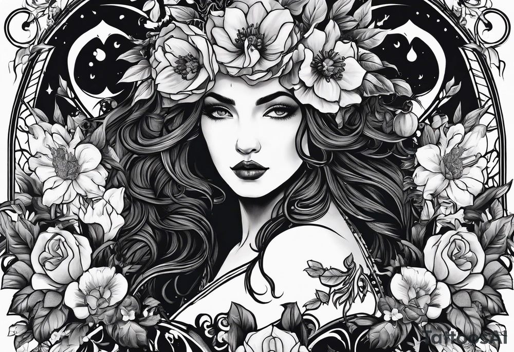 persephone goddess with a dark or gothic perspective. Include pomegranate, flowers and her being the queen of the underwood tattoo idea