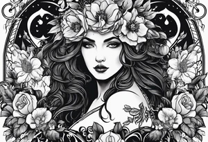 persephone goddess with a dark or gothic perspective. Include pomegranate, flowers and her being the queen of the underwood tattoo idea