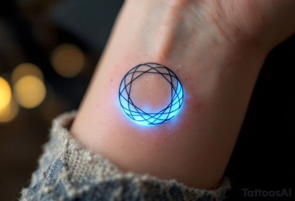 The symbol is formed by interwoven lines, creating a perfect circle, with an aura of pale blue light. The rune emits a soft, mystical glow and is complemented by small crescent moons surrounding it, symbolizing the infinity of love. tattoo idea