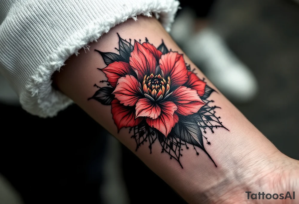 red  and black rhododendron trippy with mandala behind tattoo idea