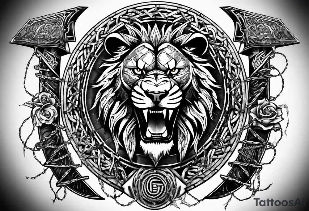 Valhalla sword shield  axe lion 
Valknut barbed wire chains tattoo idea