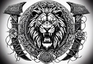 Valhalla sword shield  axe lion 
Valknut barbed wire chains tattoo idea