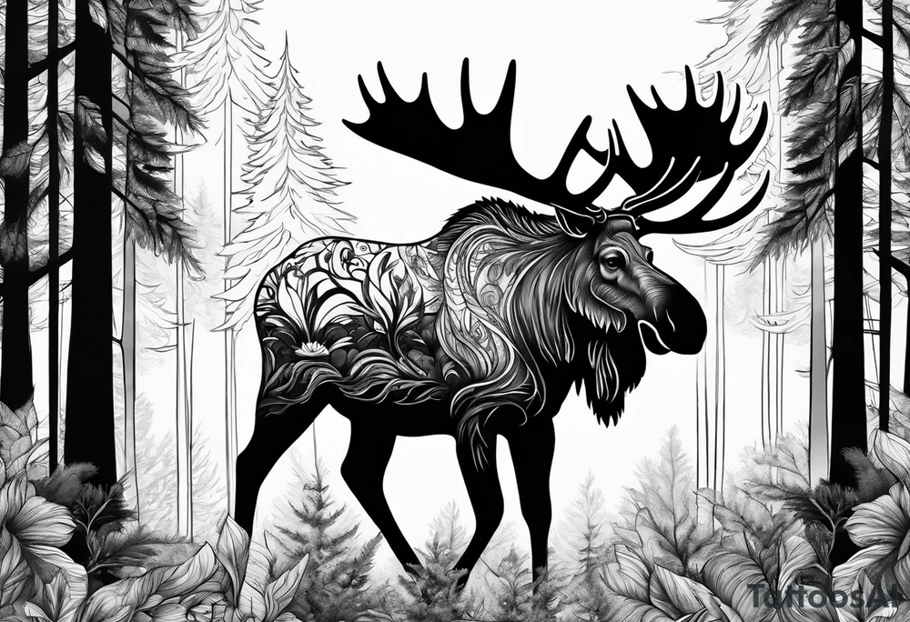a psychedelic moose in the forest tattoo idea