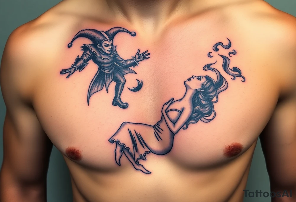 jester hovering over woman in smoke tattoo idea