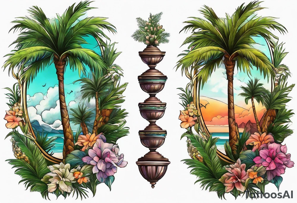 Juniper and palm tree sleeve. tattoo idea