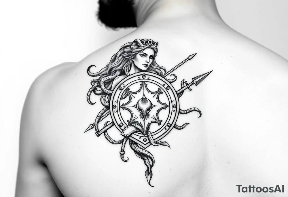 The goddess Athena with her Medusa shield and spear on right arm sleeve tattoo idea