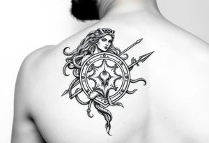 The goddess Athena with her Medusa shield and spear on right arm sleeve tattoo idea