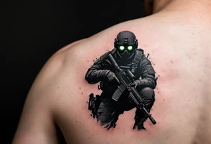 Navy Seal Soldier in Night Ops – A soldier in sleek black gear, carrying a suppressed weapon, crouching in the shadows, with night vision goggles reflecting an eerie green light. tattoo idea