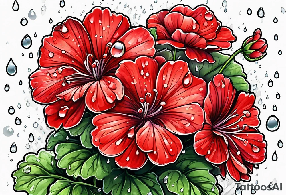 red geraniums with rain drops tattoo idea