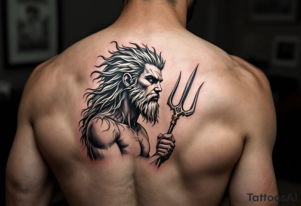 young poseidon, with trident, looking at the horizon tattoo idea