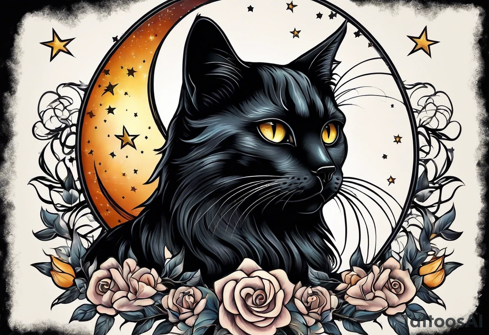 Photo realistic black cat head with moon and stars tattoo idea