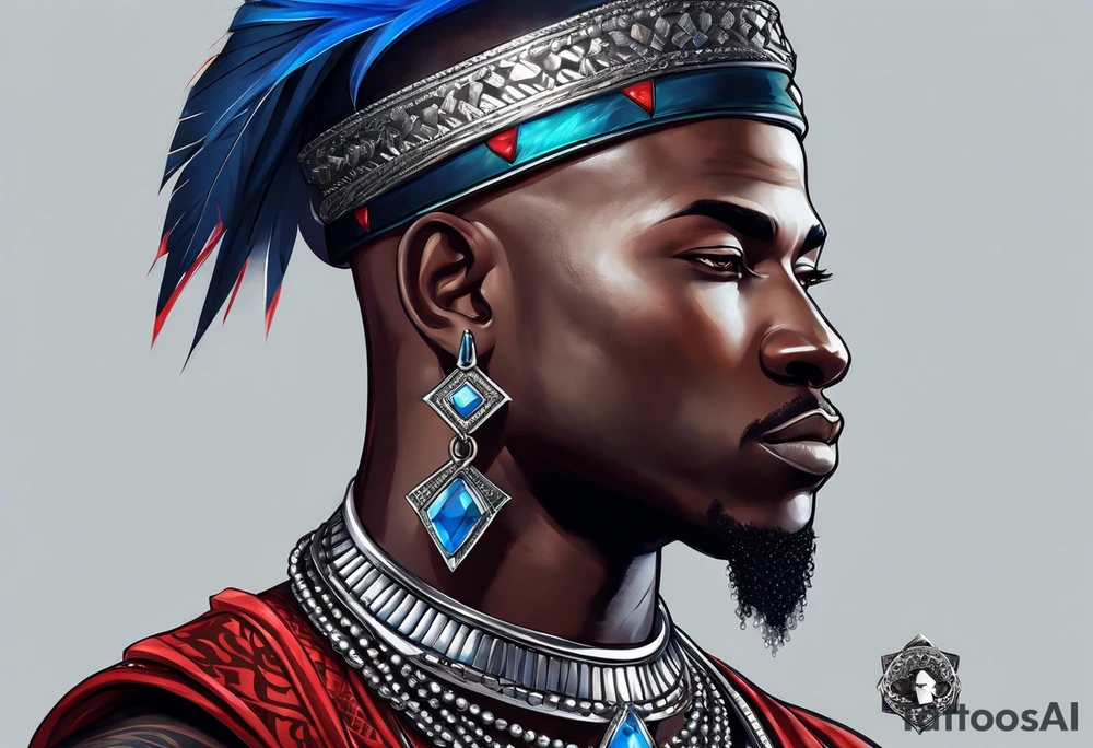 Black-skinned bald african warrior. He wears a simple and small silver crown. He uses two simple necklaces: one blue, other red. tattoo idea