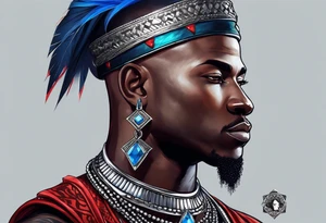 Black-skinned bald african warrior. He wears a simple and small silver crown. He uses two simple necklaces: one blue, other red. tattoo idea