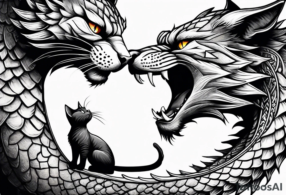A cat touching a dragon's nose tattoo idea