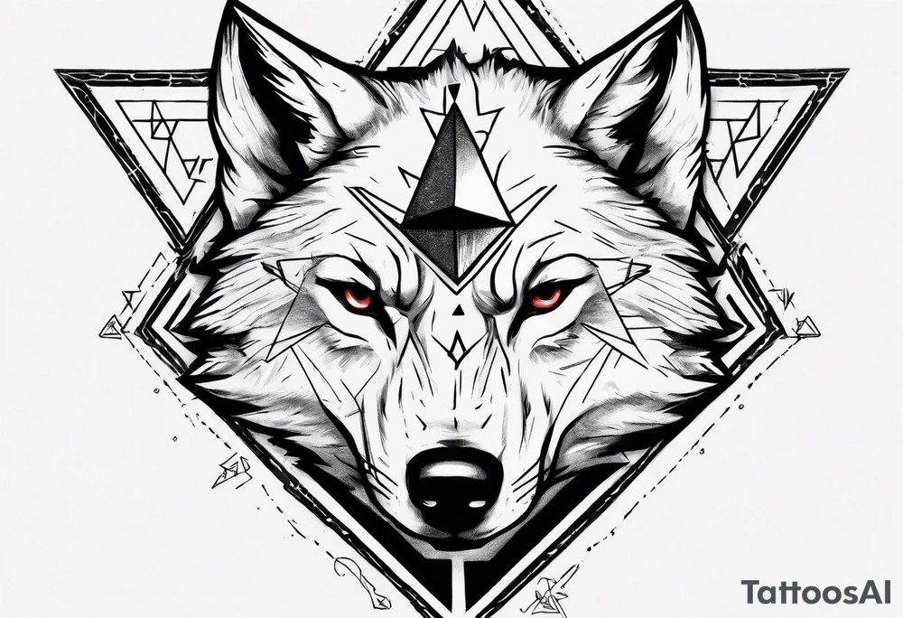 wolf head with triforce on forehead and a triangle in the background tattoo idea