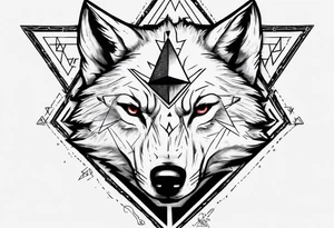 wolf head with triforce on forehead and a triangle in the background tattoo idea