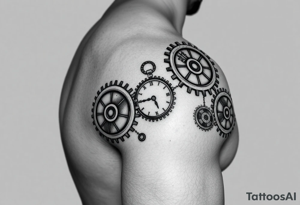 Mechanical round Gears that look like clocks connected to one another on a right arm sleeve tattoo tattoo idea