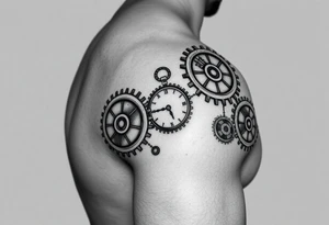Mechanical round Gears that look like clocks connected to one another on a right arm sleeve tattoo tattoo idea