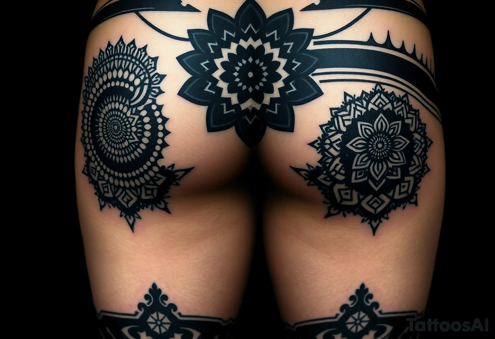 Blackwork geometric tattoo on male lower body, both thighs fully 
covered, buttocks and lower back, large central mandala on lower back 
flowing into glutes, double spiral motif on each buttock cheek, 
spiral black bands wrapping diagonally around thighs, alternating 
fill patterns per zone: dotwork floral geometry on outer thigh, 
hexagonal star patterns on inner thigh, massive black background 
areas, fine ornamental cutouts, seamless full coverage with no gaps, 
pure black ink, no grey wash, photorealistic tattoo photography, 
dark background tattoo idea