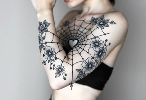 spiderweb with heart and flowers tattoo idea
