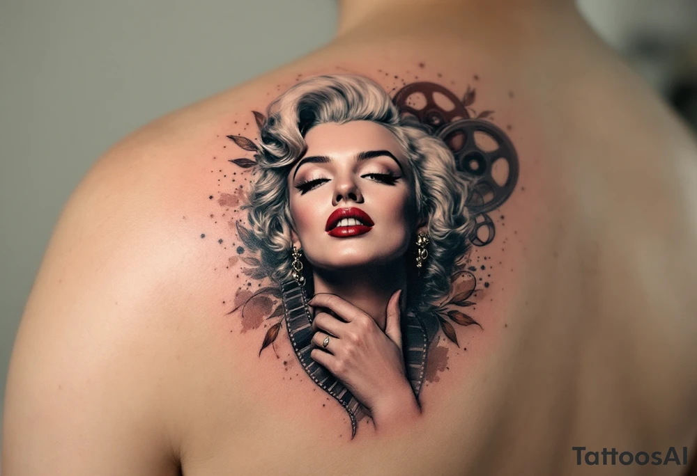 Realistic Marilyn tattoo surrounded by vintage film reels and sepia-toned highlights. tattoo idea