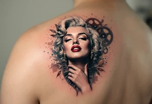 Realistic Marilyn tattoo surrounded by vintage film reels and sepia-toned highlights. tattoo idea
