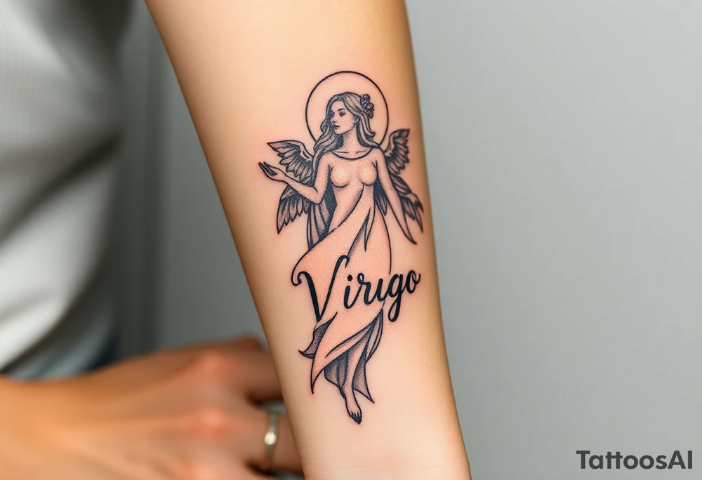 A celestial woman with glowing silver robe on her skin with word virgo tattoo idea