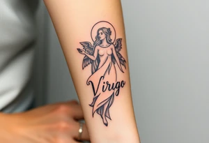 A celestial woman with glowing silver robe on her skin with word virgo tattoo idea
