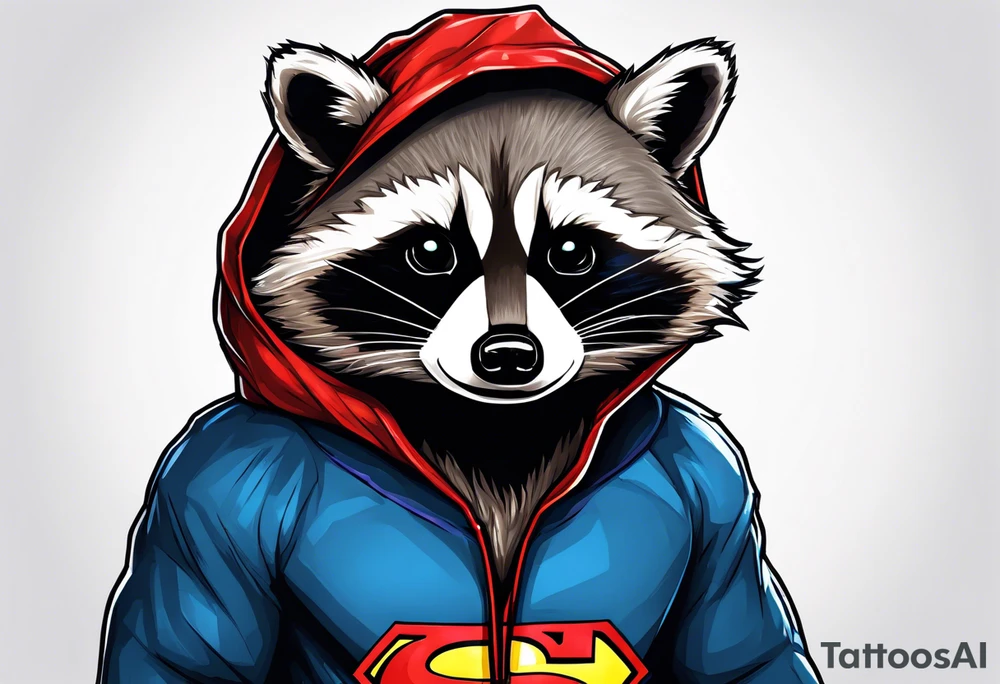 raccoon wearing a Superman hoodie tattoo idea