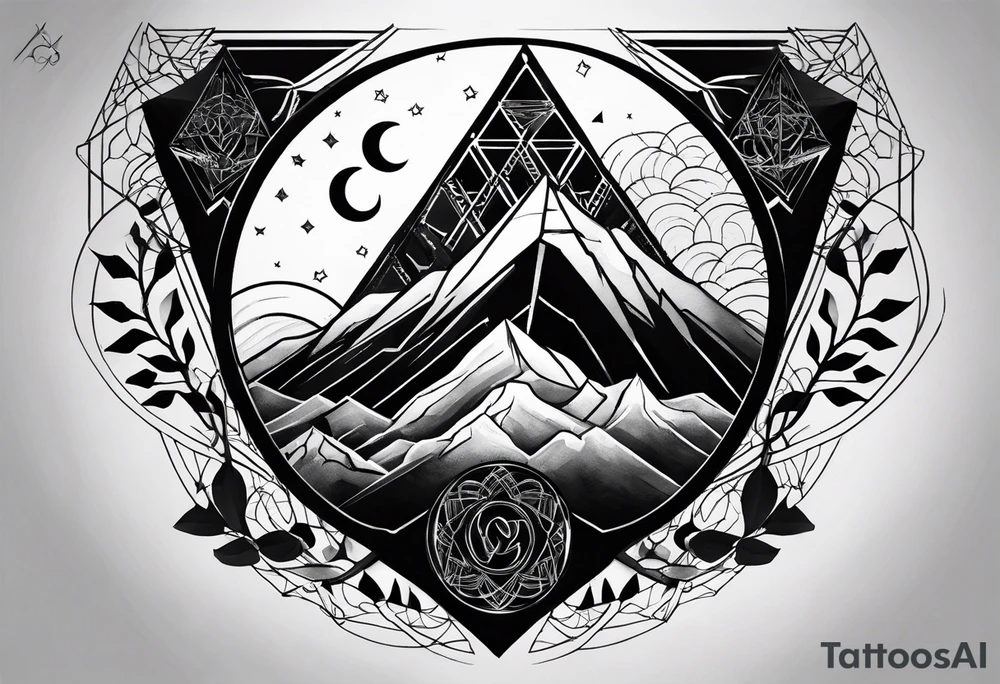 A geometric tattoo for the whole forearm with a mountain peak, Yggdrasil, a Triskelion and the moon intertwined with the geometric design tattoo idea