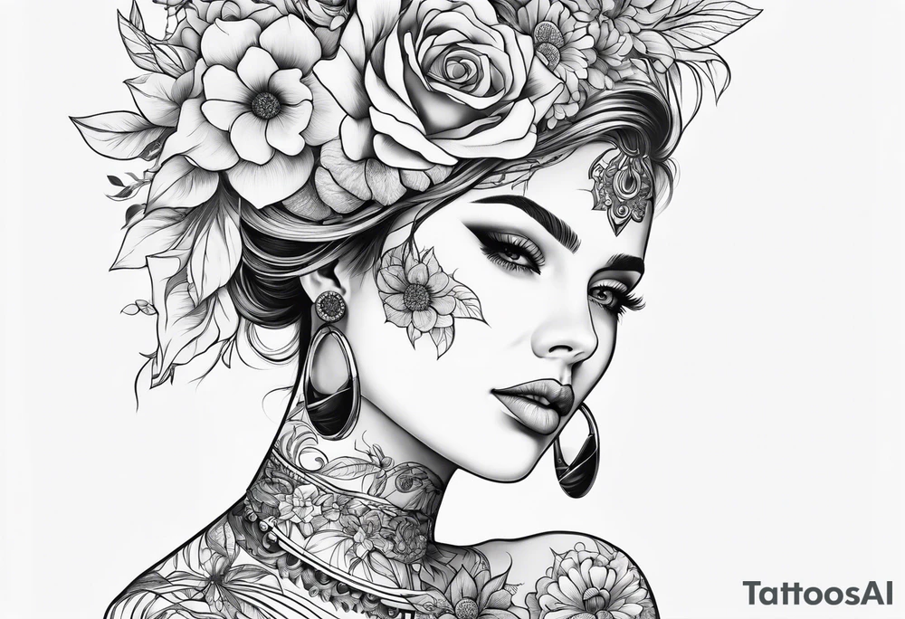 fine line tattoo with woman with flowers growing out of her head tattoo idea