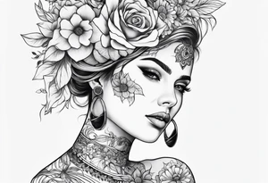 fine line tattoo with woman with flowers growing out of her head tattoo idea