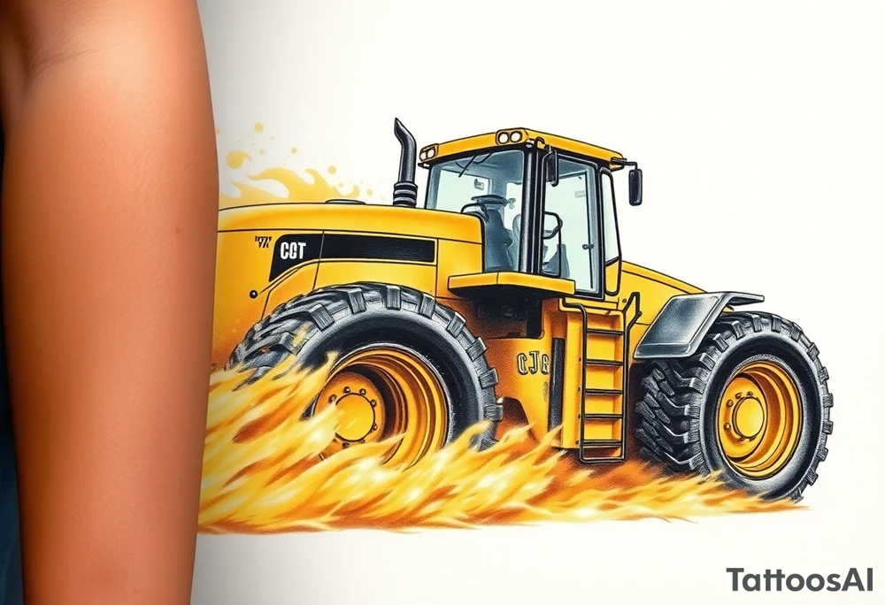 A hyper-realistic yellow tractor in motion, dust swirling around its massive tires. tattoo idea