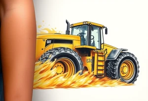 A hyper-realistic yellow tractor in motion, dust swirling around its massive tires. tattoo idea