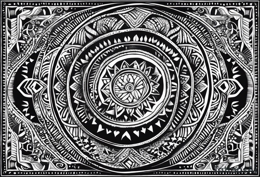 Tatouage ornement noir et blanc. Forme géométrique en longueur avec quelques petit signes aborigène australiens désignant les kangourous et la vie. Puis dessiner un soleil, des vagues. Ainsi que  des feuilles provenant d’Australie et de  Bali. Lignes très fines. tattoo idea