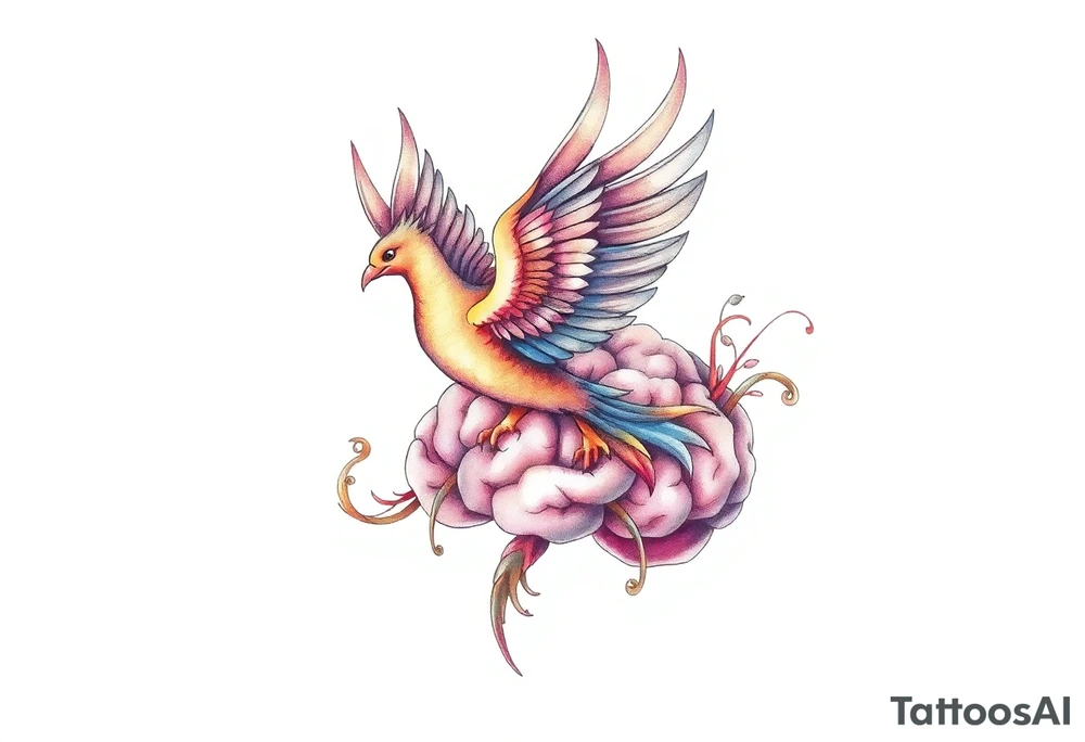 A phoenix flying out of a brain colorful tattoo idea